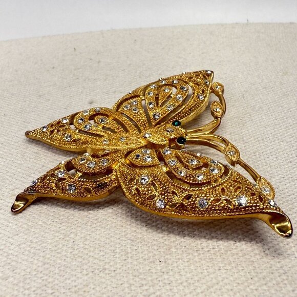 Ornate Butterfly Brooch Pin Gold-Tone Sparkly Rhinestone 2.5" Statement - Picture 5 of 8